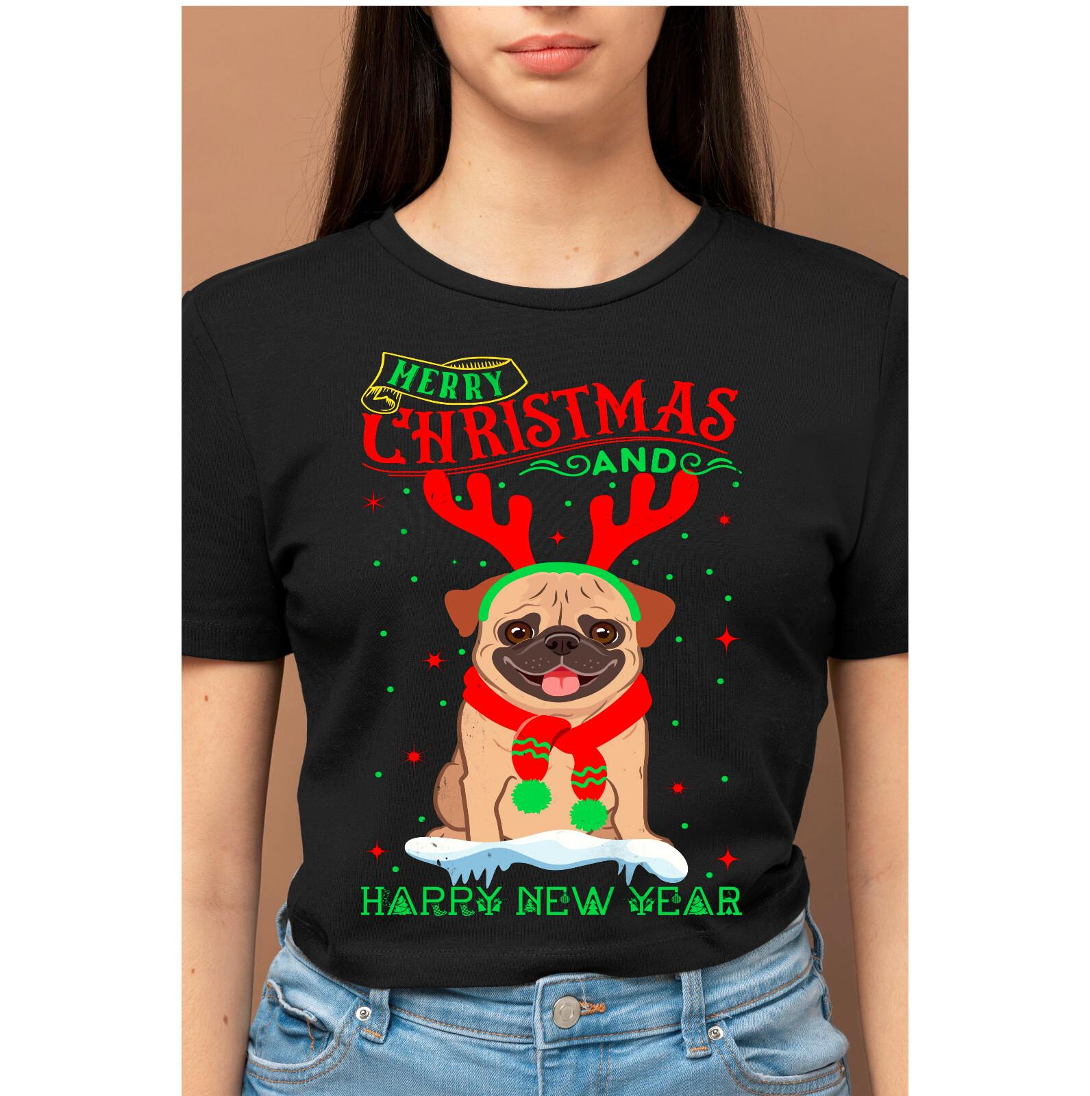 Pug Dog Christmas T-Shirt Merry Woofmas Dogs Tree Xmas Santa Elf Hat Dog Tshirt S