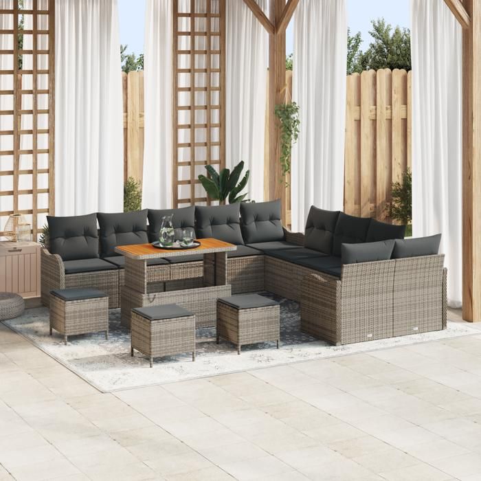 Ensemble de Canapés de Jardin vidaXL 14 pièces avec Coussins Gris Rattan, Canapé de Jardin 2 places vidaXL avec Coussins 3362333