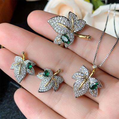 Jewelry Set Accessories Maple Leaf Styling Earrings Necklace Ring Fashion Light Luxury Emerald Women'S Batch