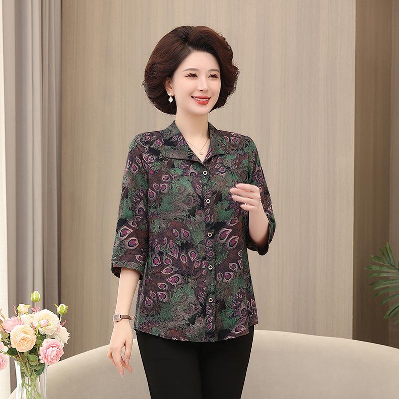 Middle-aged and Elderly Long-sleeved Shirt Women's Style Grandma's Cotton Silk Shirt Plus Size Fat Mother's Spring and Summer Loose Top