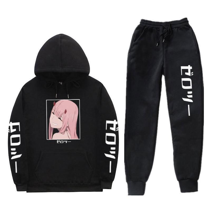 Unisex Anime-Inspired Hooded Sweatshirt Set With Fleece Lining Loose Fit Long Sleeve Top Pants Winter Casual Wear