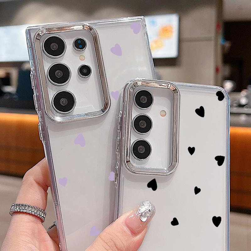 Cute Little Love Hearts Print Transparent Phone Case For Samsung S24 FE S23 Ultra A55 A54 A35 A34 A14 Lens Protection Clear Soft TPU Shockproof Cover