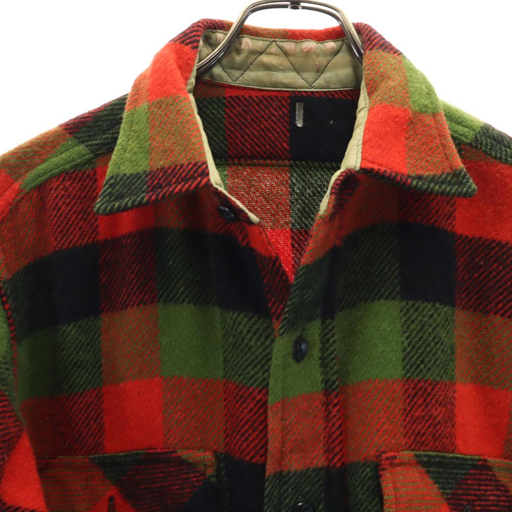 VINTAGE 50s 60s Gusseted wool blend Check Pattern Long sleeve Wool shirt Men's Used