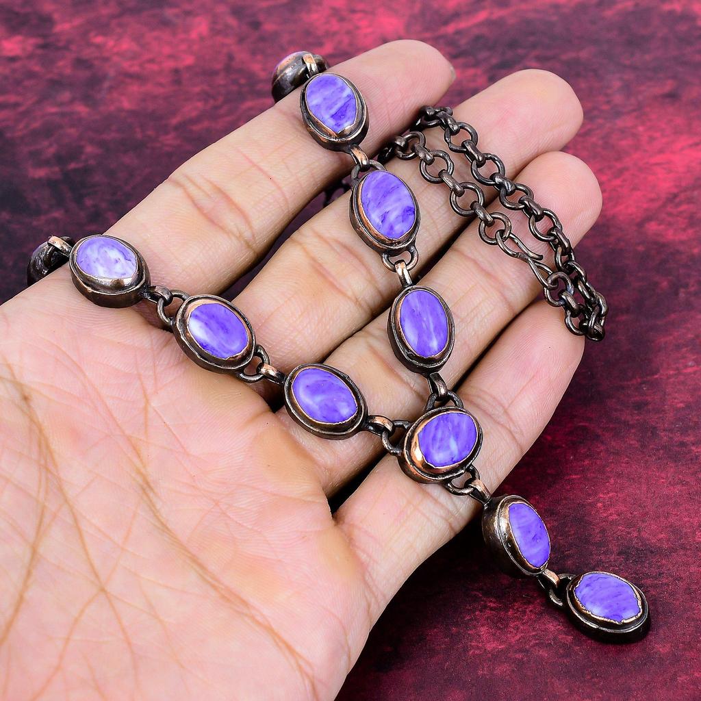 Charoite Gemstone Necklace Electroformed Copper Jewelry Adjustable Chain Necklace