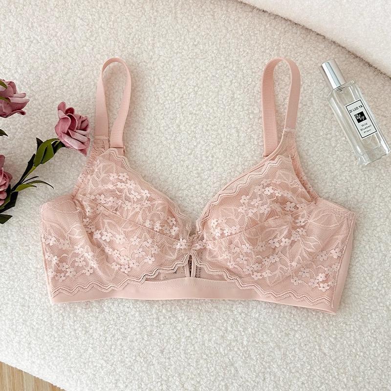 French Lace Crystal Cup Wireless Bra, Ultra Thin Minimizer Side Gathering Anti-Sag Bra for Full Bust Summer Women