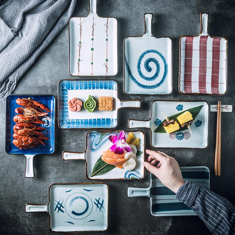 Japanese ceramic plate with handle square cheese baked rice plate Household oven baking plate Western restaurant cutlery