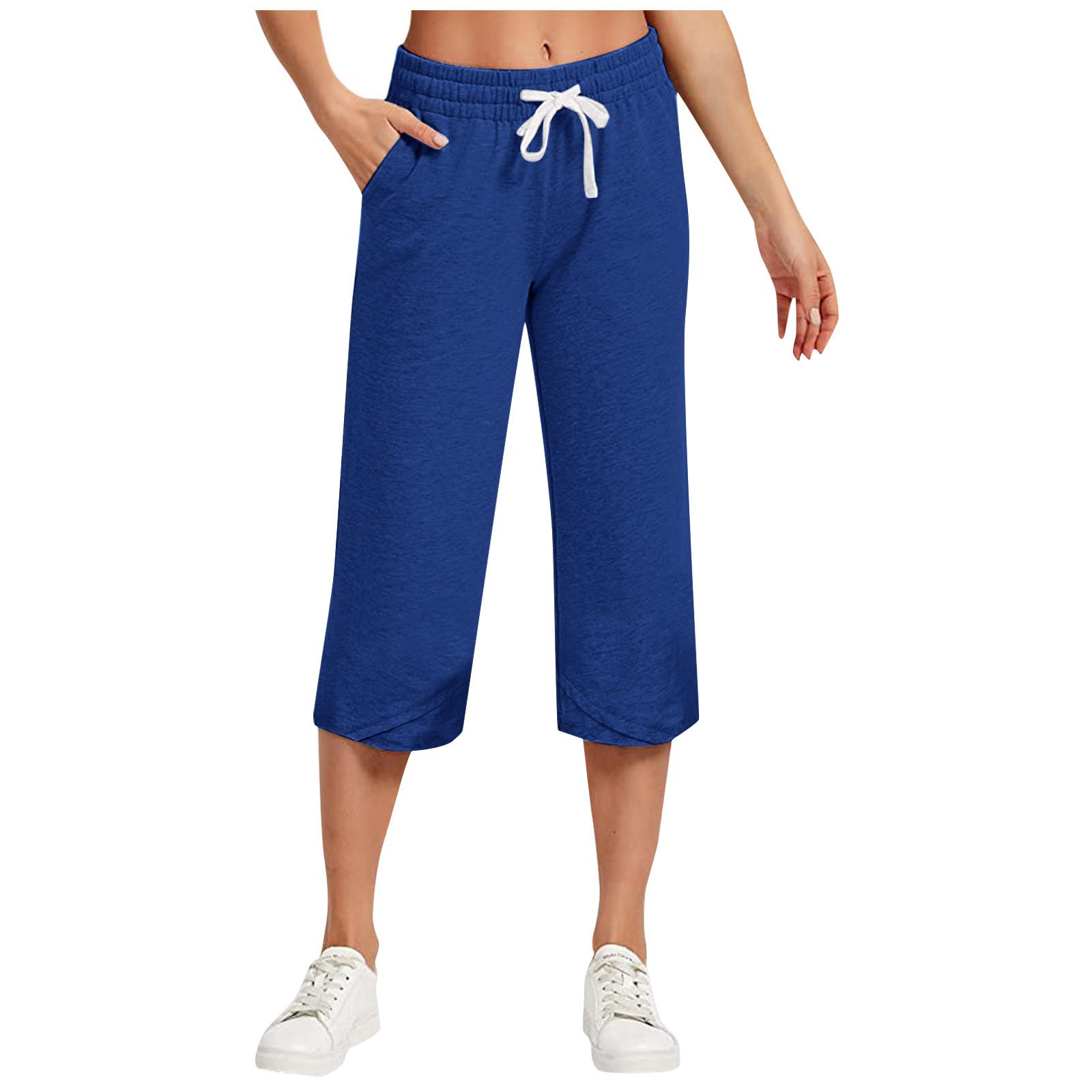 

Summer Women s Wide Leg Pants Irregular Pants Legs Casual Drawstring Women s Capris With Pockets L синий