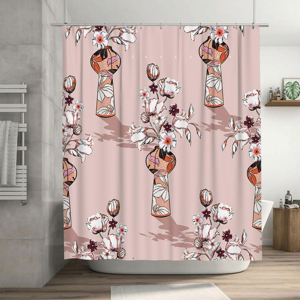 Luxury Floral Print Bath Curtains for Bathroom Decor in Pink and White Waterproof Fabric Shower Curtain with Metal Hook Rings Se