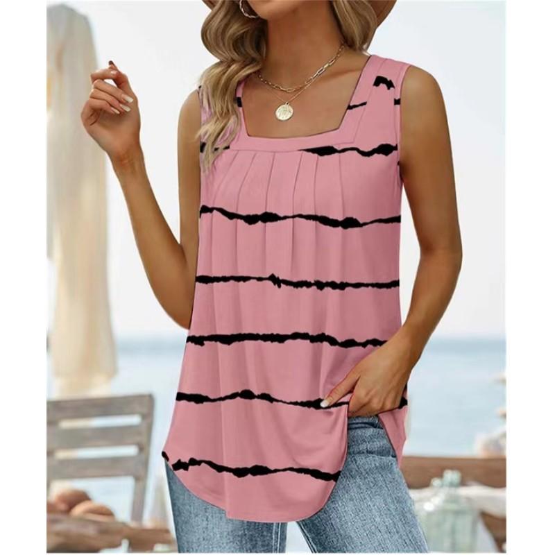 Women's Summer Sleeveless Square Neck Printed T-Shirt Temperament Comfortable Loose Tank Top