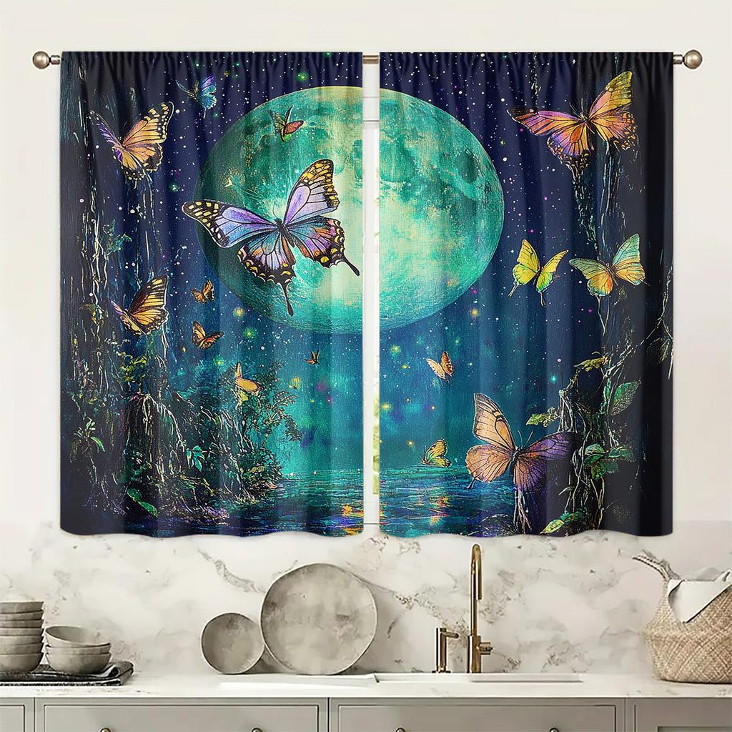 2pcs Moonlight Butterfly Print Curtains - Light Filtering Design   Durable Polyester Fabric   Machine Washable   Classic Style for