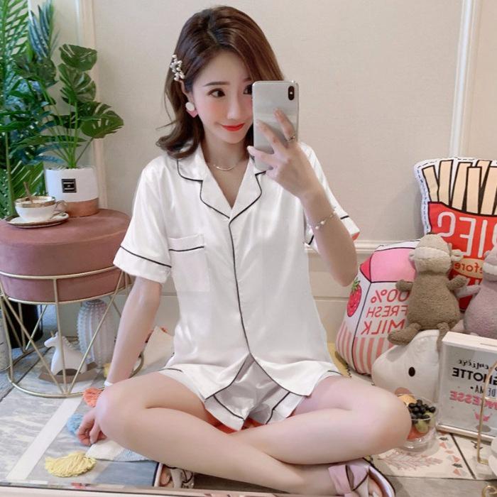 Summer Silk Satin Women Pajamas Set Button Down Top & Shorts 2 Pieces Sleepwear Notched Collar Nightwear Loungewear for Women