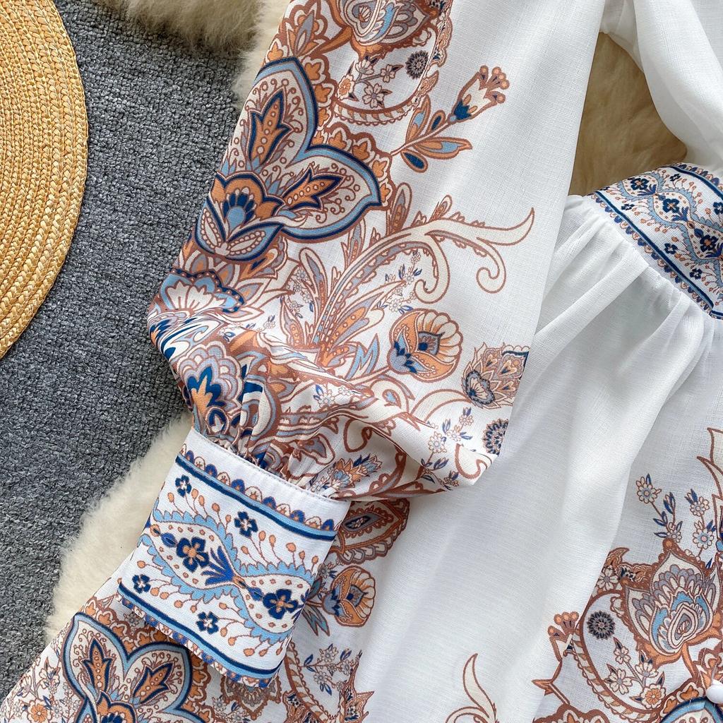 Spring Autumn Dresses Women V-neck Lantern Long Sleeves Floral Single Breasted High Waist Vintage Gorgeous Party Mini Dress Robe