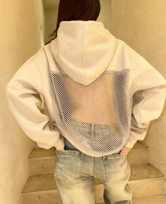 2025 Herbst/Winter Damen Kapuzenpullover mit Netz und Rückenausschnitt, einfarbig