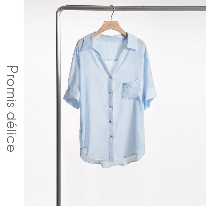 Shetu Fashion Lapel Contrast Stitch Short Sleeve Shirt M синий