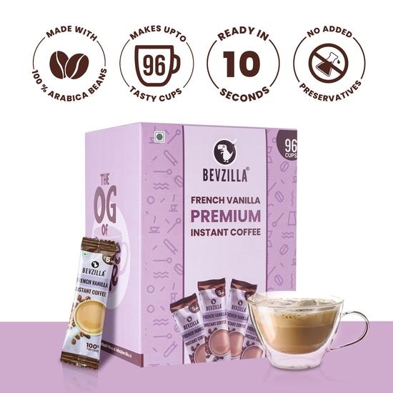 Bevzilla 96 Instant Coffee Powder Sachets (French Vanilla) - 192 Grams |Arabica Coffee|Easy To Carry