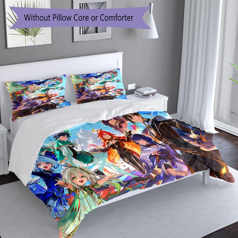 3pcs Genshin Impact characters9 pattern bedding set duvet cover set includes duvet cover &pillowcases, perfect all season bedroom decoration & gift