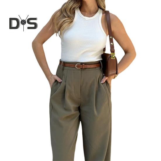 Dámský oblek Kalhoty Vysoký pas Knoflíky Zip Fly Volný Jednobarevné Kalhoty s kapsami Styl dojíždění Dlouhé kalhoty