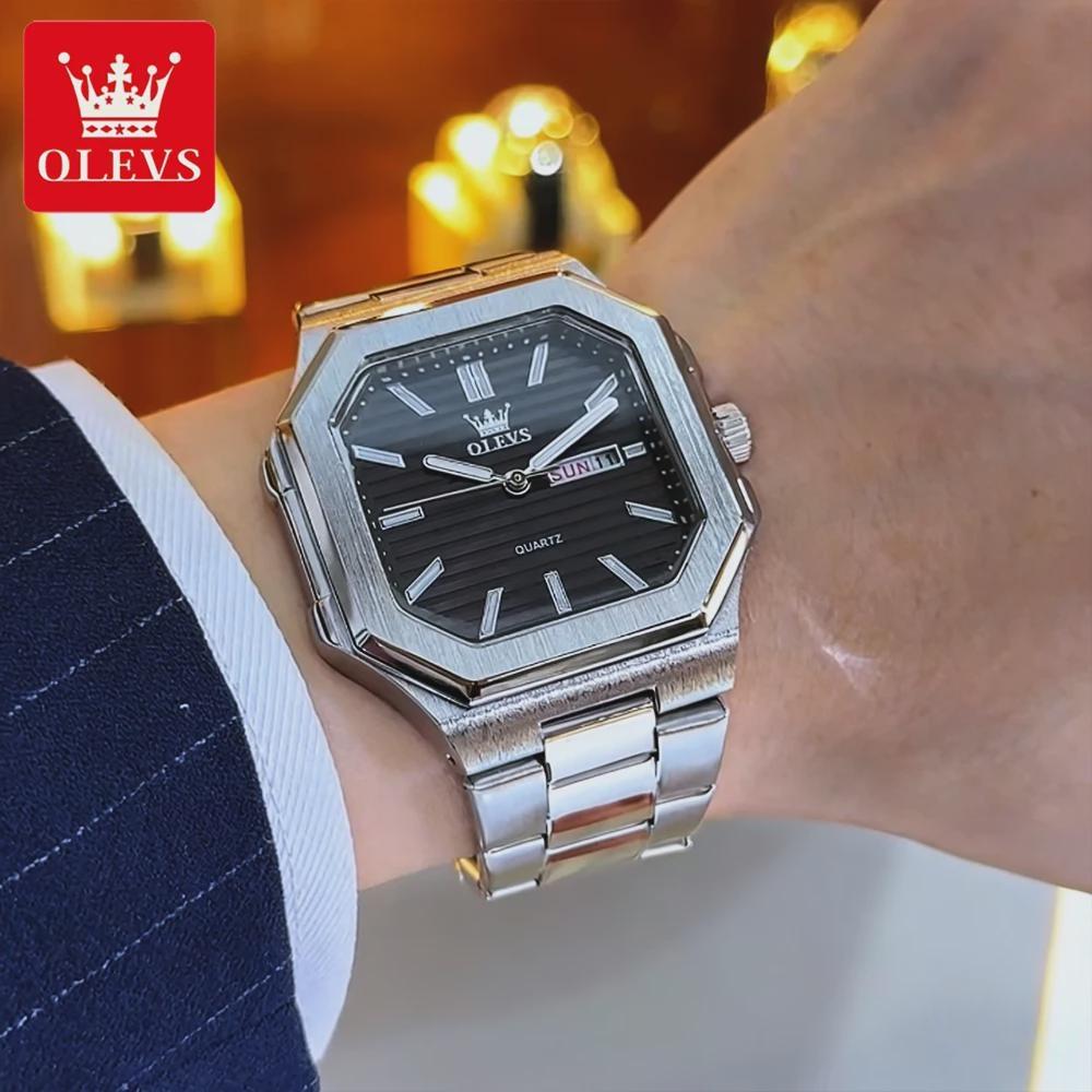 OLEVS Watch Luxury Man Original Square Quartz Watch Stainless Steel Waterproof Luminous Week Date Watches For Man