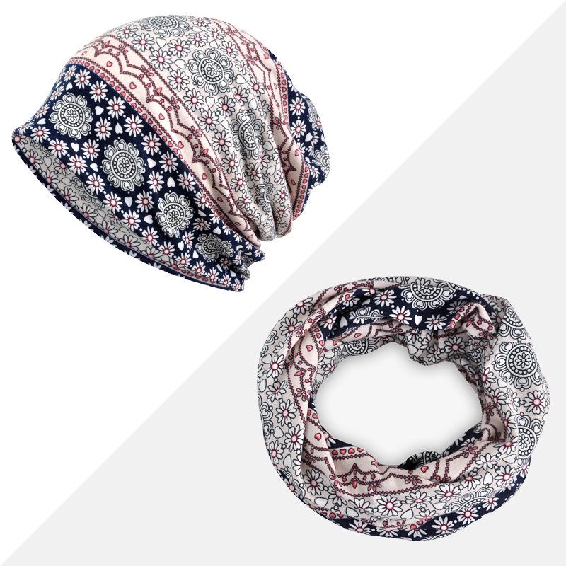 Women's Floral Print Cotton Pullover Hat and Scarf Set for Sun Protection