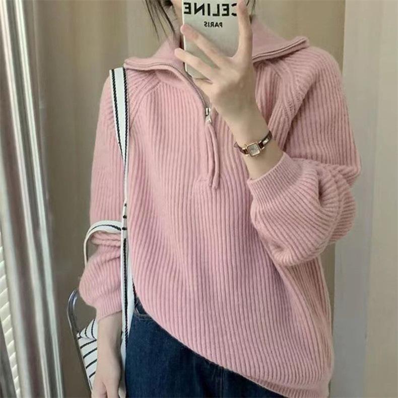 2024 Autumn/Winter Women's Zipper Pullover: Stand-Up Collar, Ribbed, Loose Knit Sweater