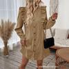 Women S Solid Color Long Sleeve Ruffled Front Casual Dress