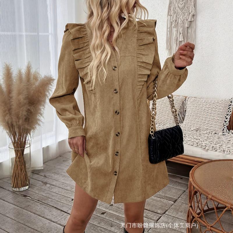 Women S Solid Color Long Sleeve Ruffled Front Casual Dress