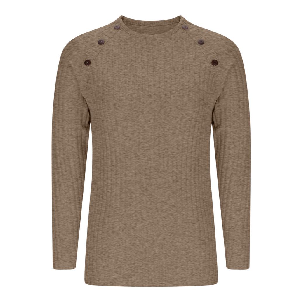 Ladies' Casual And Fashionable Long Sleeved Round Neck Knitted Buckle Solid Color Top