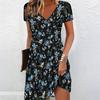 Sommer Mode Damen V-Ausschnitt Kurzarm Buntes Muster Bedrucktes Kleid Sex Kurzer Rock Kleider