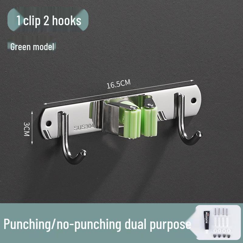 Stainless Steel Punch-Free Mop Holder with Black & Green Clips for Bathroom or Balcony Storage