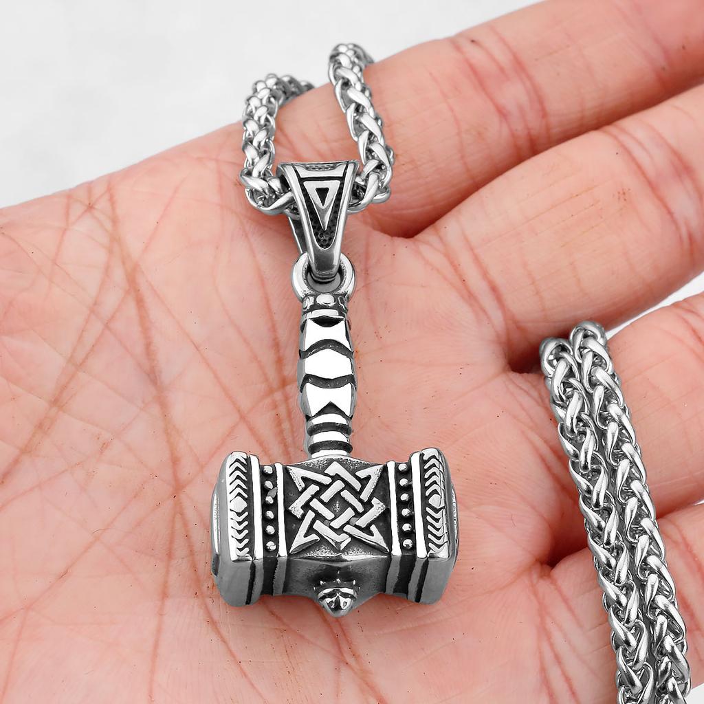 Vintage Thor Hammer Pendant Necklace for Men Stainless Steel Mjolnir Viking Jewelry with Celtics Knot Chain