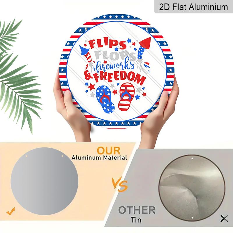 2D Flat, 1pc Patriotic 4th of July Metal Decorative Plaque, Red White Blue Flip Flops Fireworks USA Flag Design, Durable Indoor Outdoor Sign, Perfect