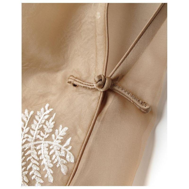 Women Bird And Floral Embroidered Mandarin Collar Frog Button Double Layer Organza Vest