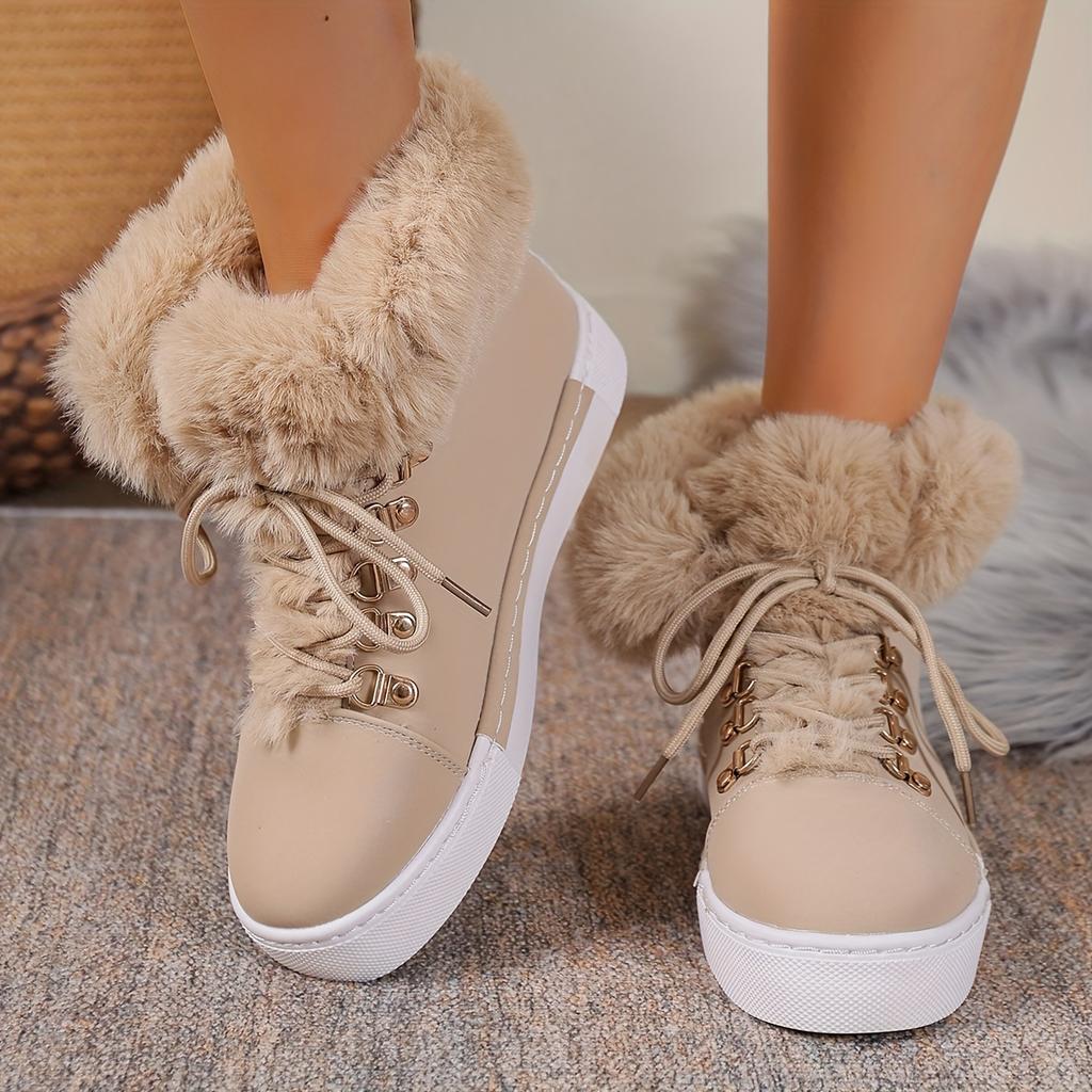 Women's Plus Size Warm Shoes, Round Toe Lace-Up Flat Buckle Faux Fur Trim Casual Athletic Snow Boots