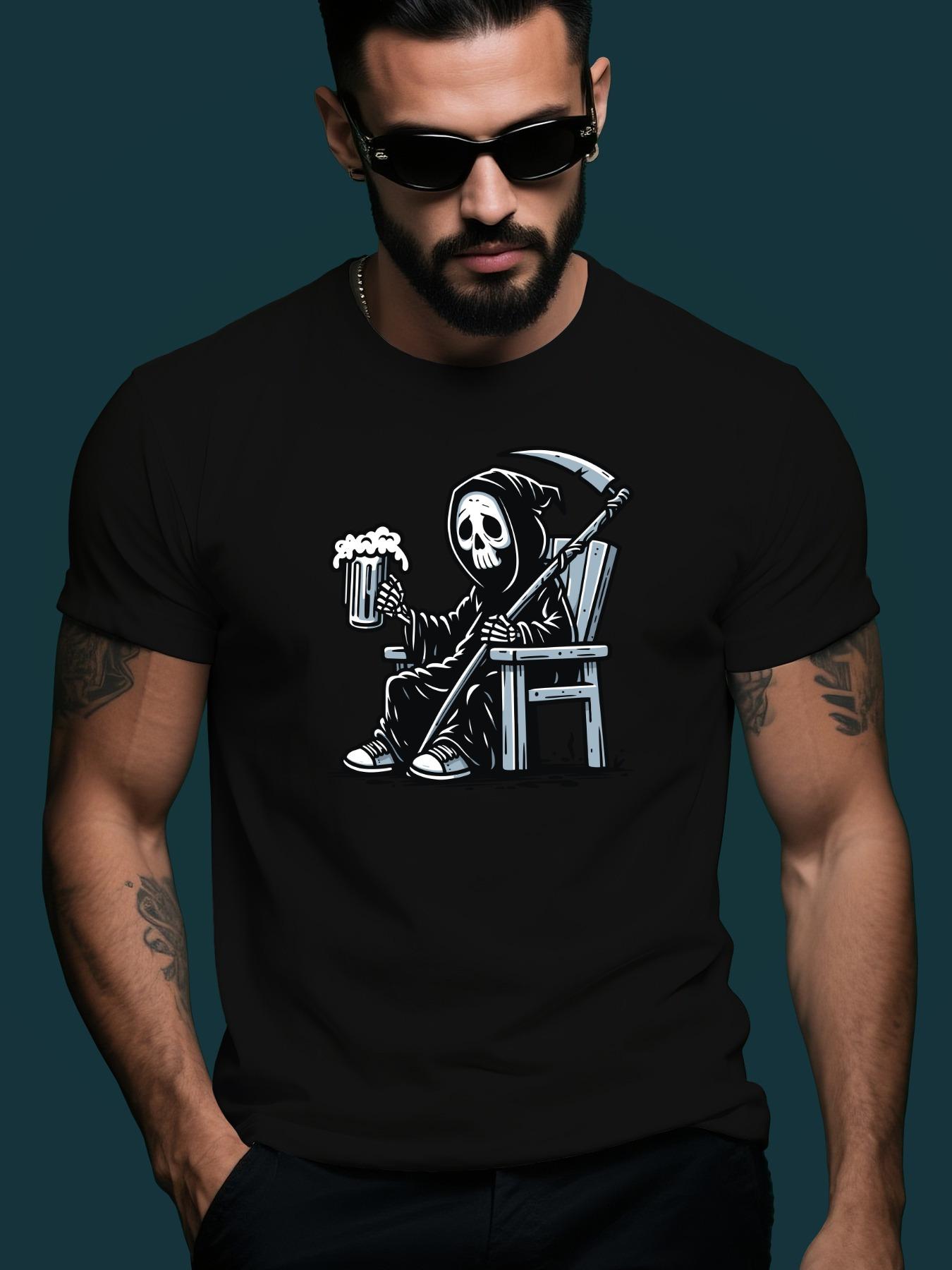 Grim Reaper Drinking Beer Skull Graphic Tshirt - Black Wh... M