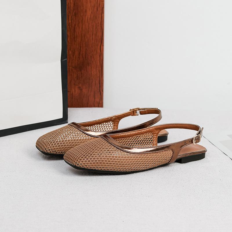 Mesh Slingback Flats for Women Summer Square Closed Toe Flats Slingback Sandals Women's Dress Shoes Adjustable Buckle Sandals Slip On Fishnet Mules