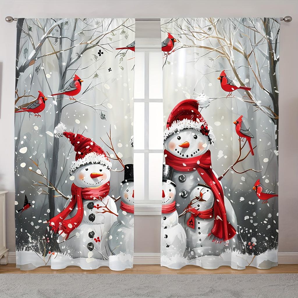 2 Pcs Christmas Snowman & Red Bird Curtains – Polyester Rod Pocket Design for Living Room Bedroom Kitchen Study Decor