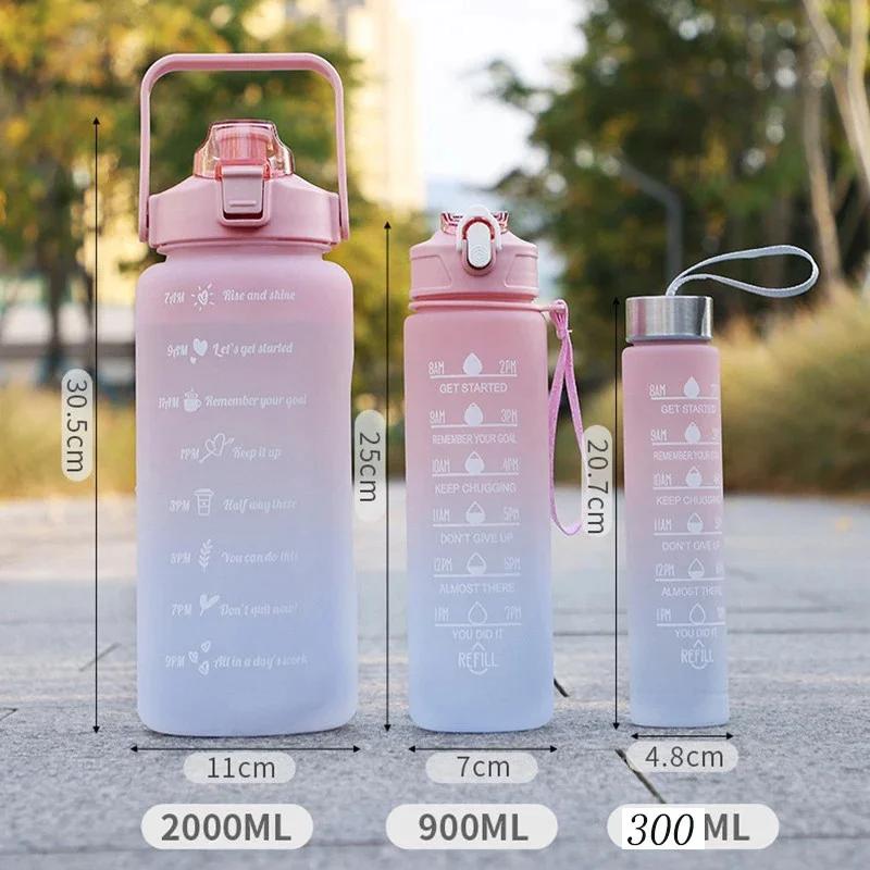 3PCS Gradient Frosted Plastic Water Bottles With Straw Motivational Large Capacity Sports Bottle Outdoor Travel Gym Fitness Jugs