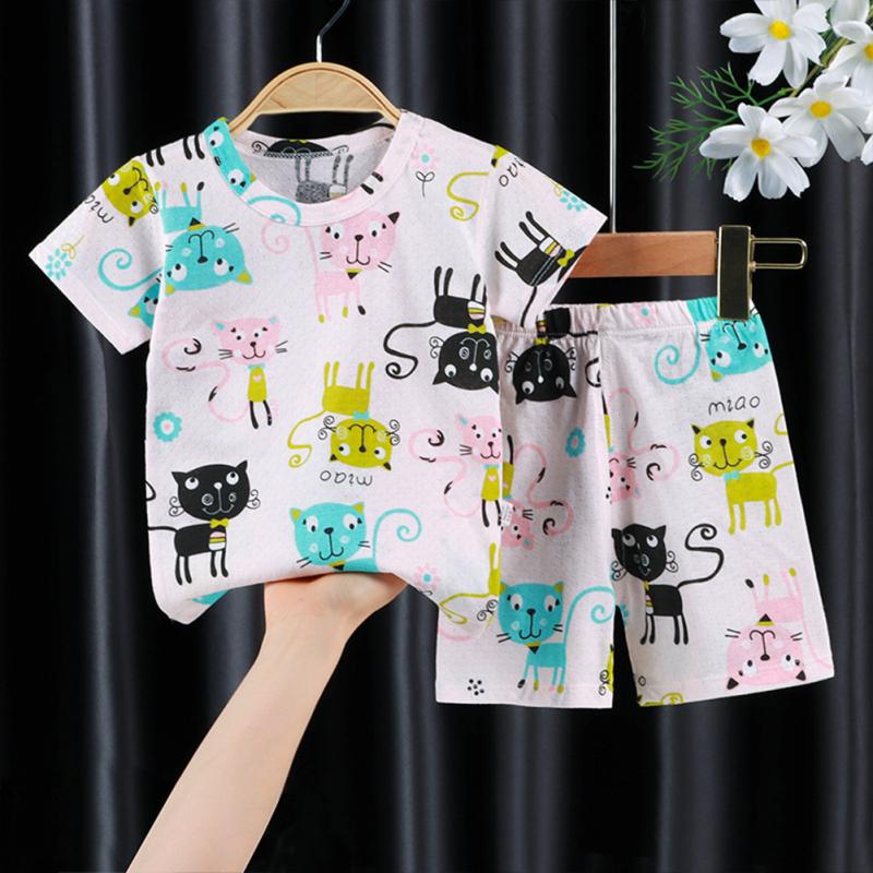 2 Pcs Kids Home Wear Set Cotton Cute Cartoon Printing Round Neck Short Sleeve Top Shorts Pajamas