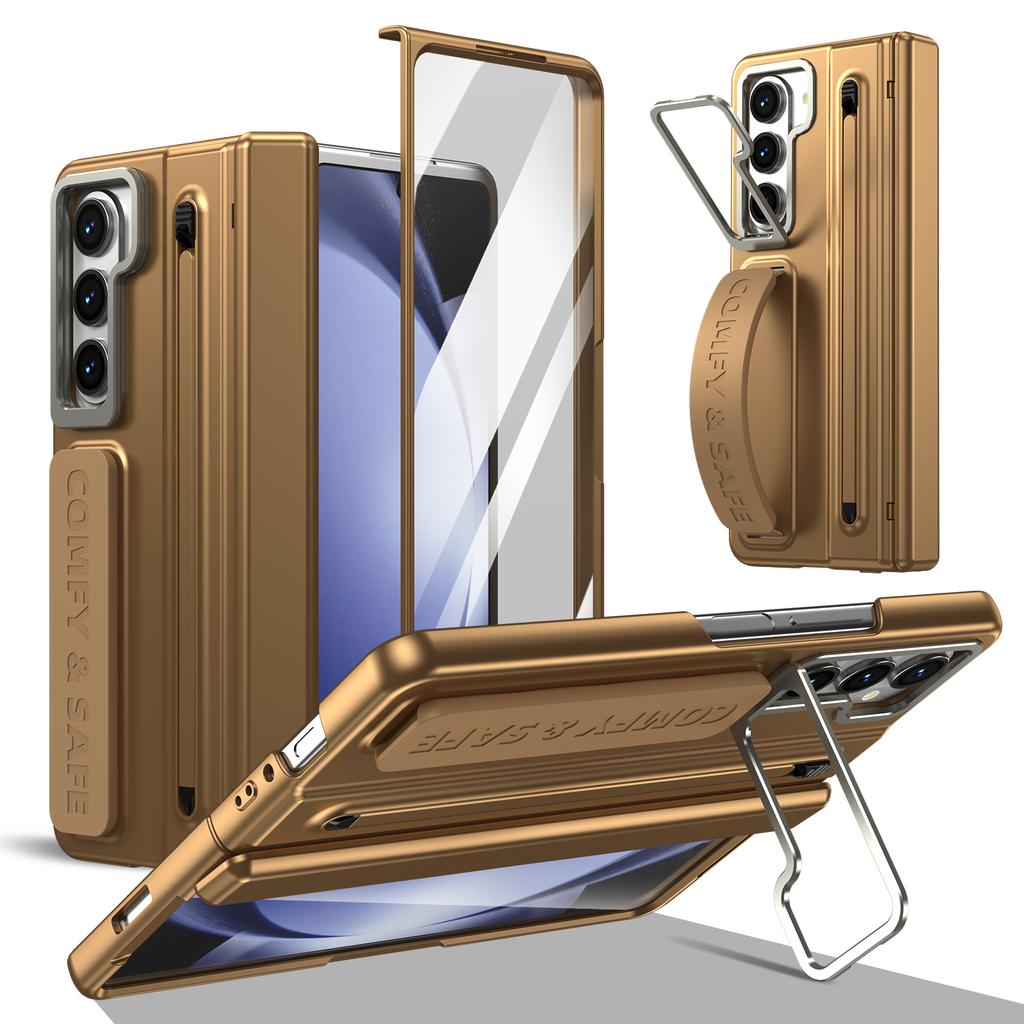 Folding Case with Stylus for Samsung Z Fold 4 5 6 7 Aluminum Alloy Lens Frame Holder Silicone Built-in Strap Glass Screen Film