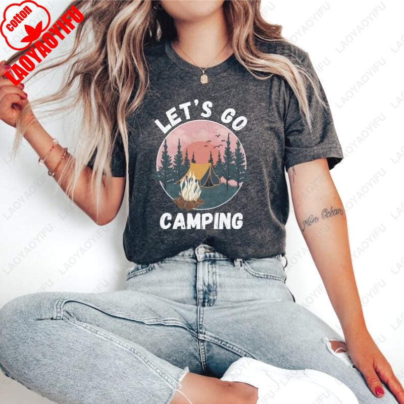 Pojďme Kempovat Unisex Bavlněné Tričko Dobrodružství Kemping Dárek Milovník Přírody Vintage Kulatý Výstřih Potištěné Tričko Pánské Ropa Hombre Camisetas