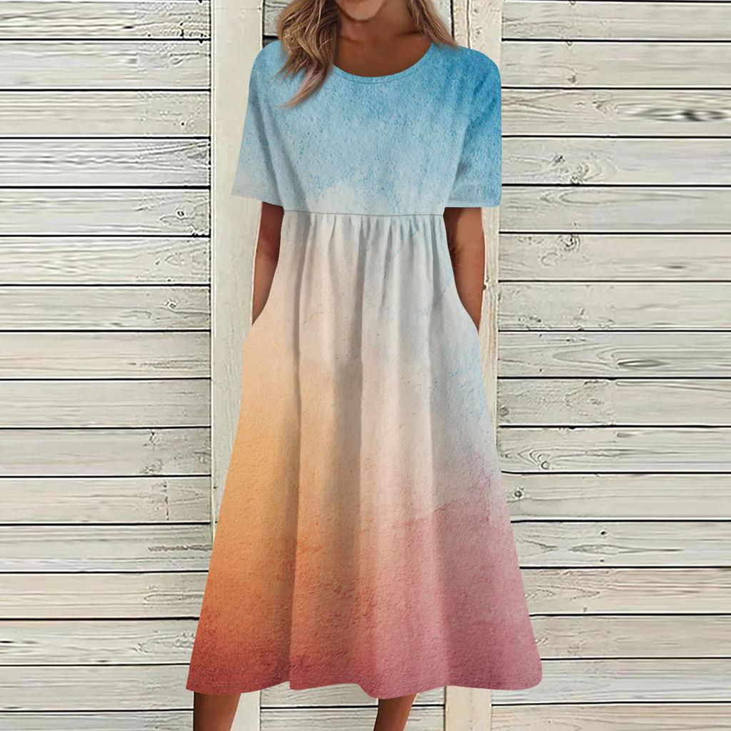 Summer Dress For Women Casual Printed Short-Sleeve Beach Swing Dress