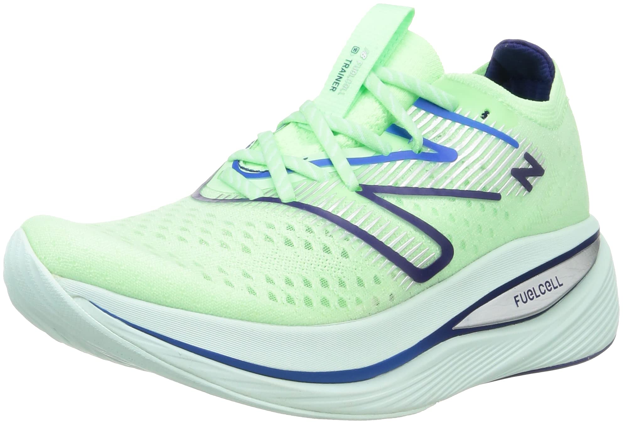 

New Balance FUEL CELL SuperComp Trainer Running Size cm with a thick sole and carbon Shoes, MRCX/WRCX, Men s, GREEN/BLUE (LG2), 28.0 (D), plate.