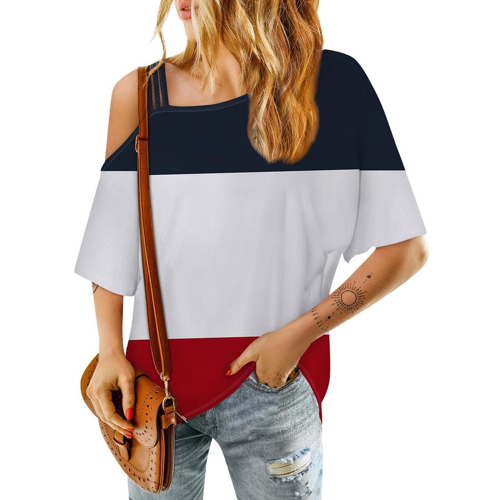 Damenmode One-Shoulder Color Block Sexy Mittelärmeliges Casual T-Shirt