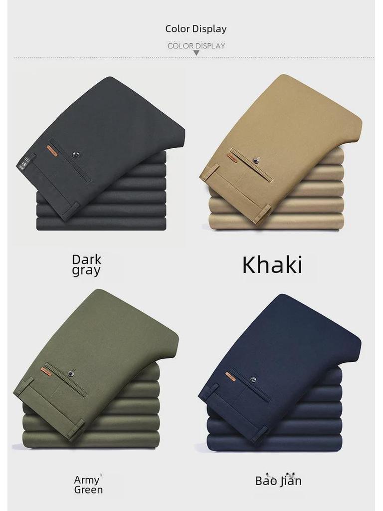 Męskie spodnie bawełniane na jesień z prostymi nogawkami, elastyczne, niegniotące się, naturalnie układające się, idealne do codziennych, biznesowych stylizacji w średnim wieku