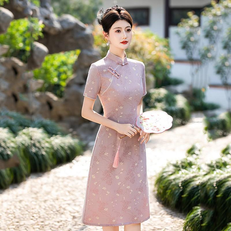 Slim Fit Chinese-Inspired Short Sleeve Dress Women Vintage Style 2025 Qipao
