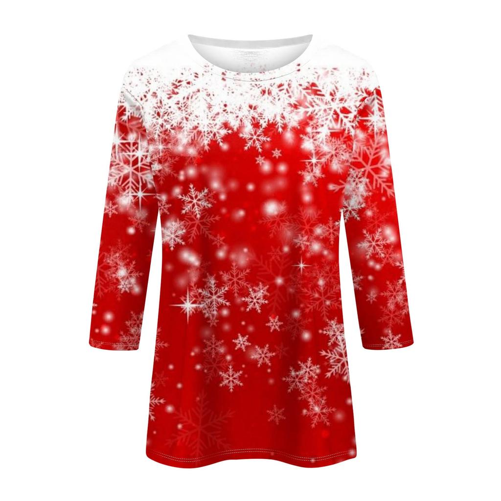 Dámsky módny ležérny vianočný top s okrúhlym výstrihom so siedmimi rukávmi