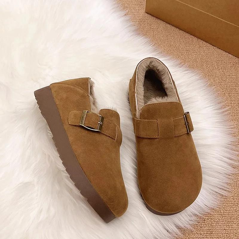 Vintage Flat Boots Women's Winter Warm Cotton Shoes Soft Bottom Slip-on Shoes Thickened Brogues Women Shoes