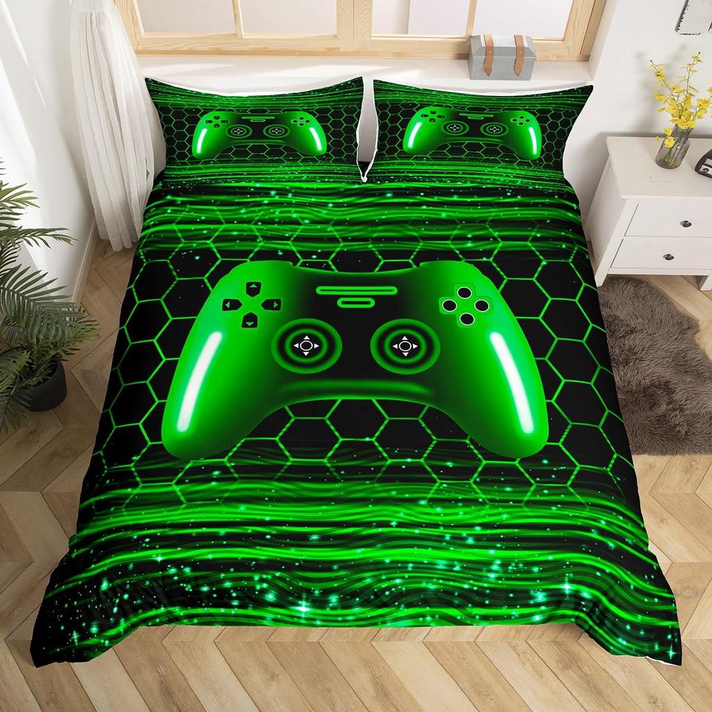 Comforter Gamer Bedding Set Gaming For Kids Teens Men Game Console Bed Set Geometry Stripes Honeycomb Hexagon Comforter