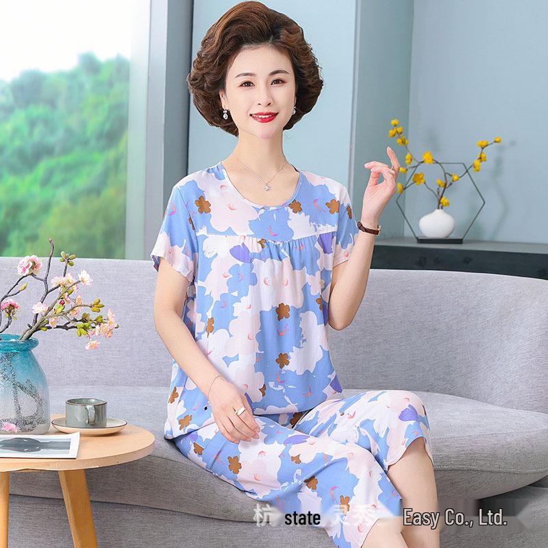 Women's Plus Size Summer Cotton Pajama Set for Middle-Aged & Elderly - Short-Sleeved Homewear Suitable for Outdoor Wear