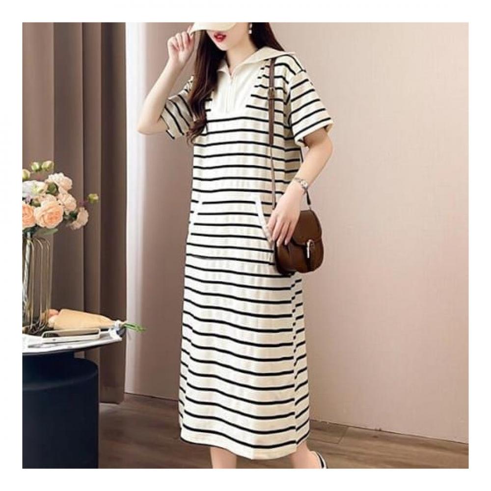 Navava Women No780 Stripe Zip Collar Short Sleeve Dress